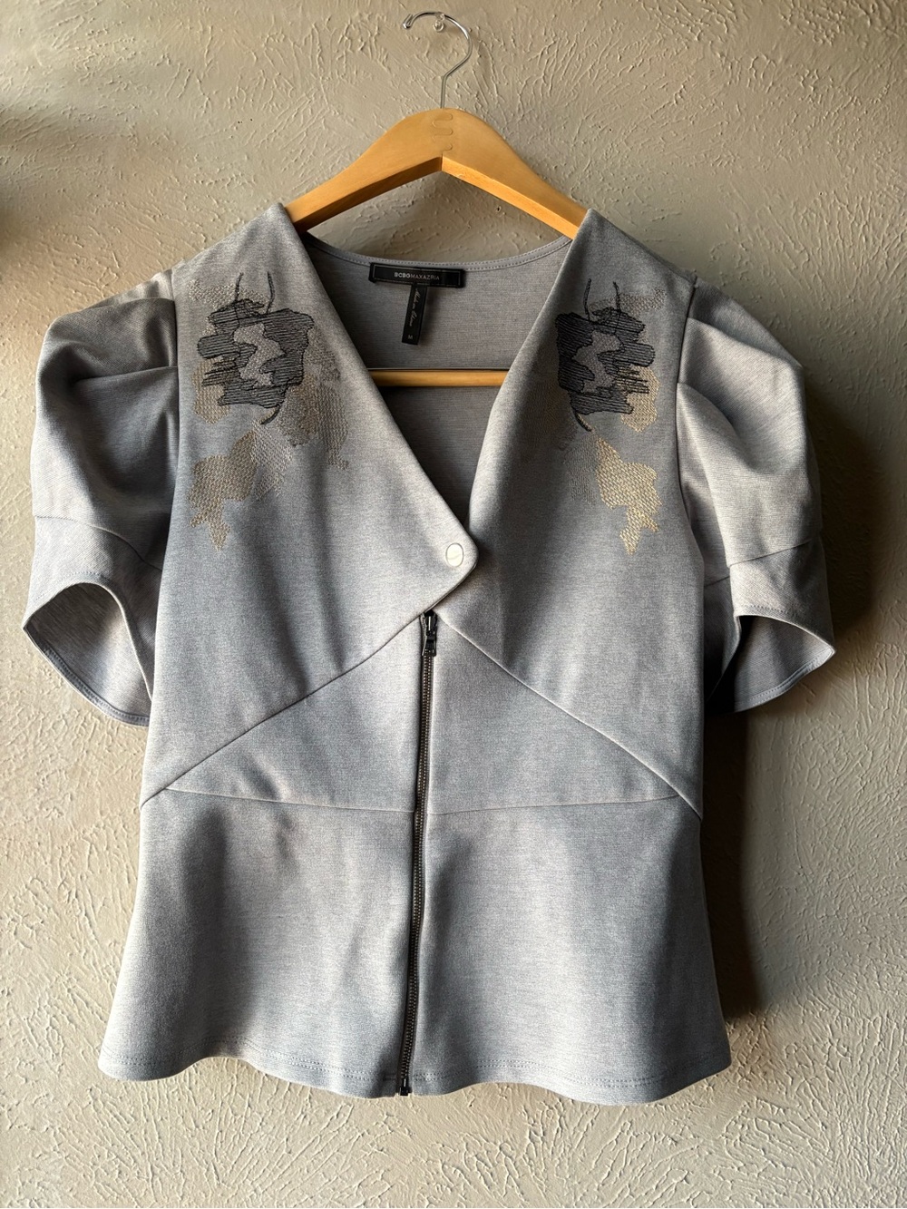 BCBGMaxAzria Gray Short-Sleeve Zip Jacket with Embroidered Detail